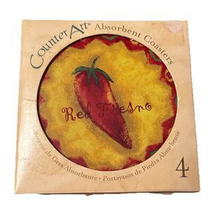 CounterArt Set Of 4 Absorbent 4” Round Stoneware Coaster Set Red Fresno Pepper